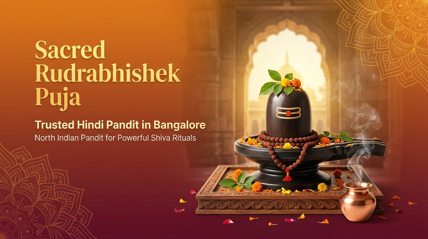 Hindi ritual guide performing Rudrabhishek Puja for Shiva blessings