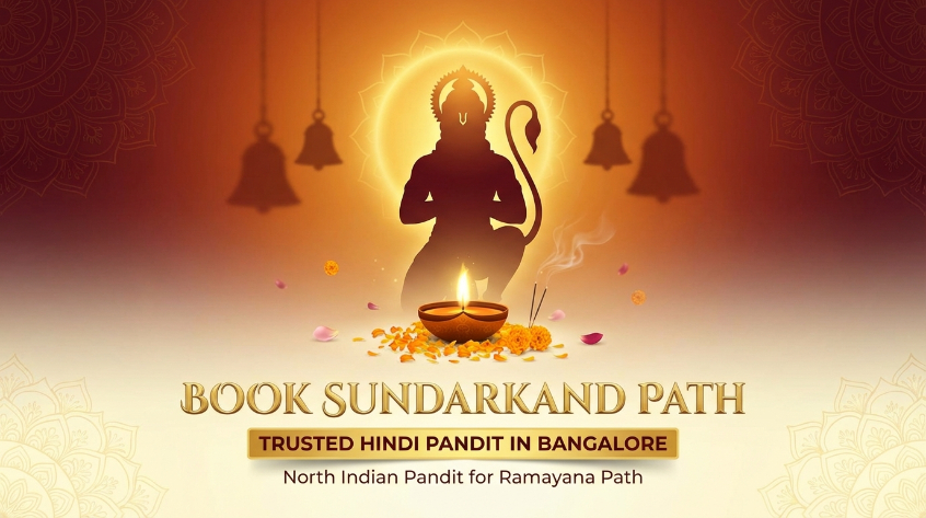 Hanuman altar for Sundarkand Path with Hindi ritual guide